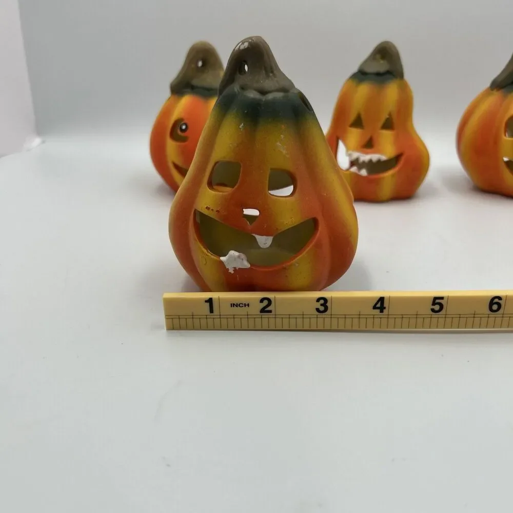 2000s Vintage Halloween Jack O Lantern Pumpkin Candle Holders Set of 4 Ceramic